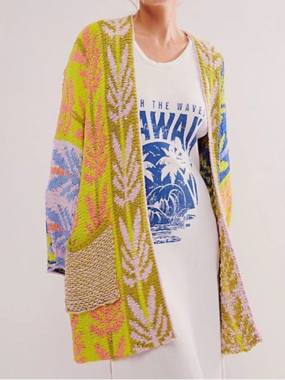 Free People Mallorca Cardi Limelight Combo Oversized Knit Cardigan Sweater S